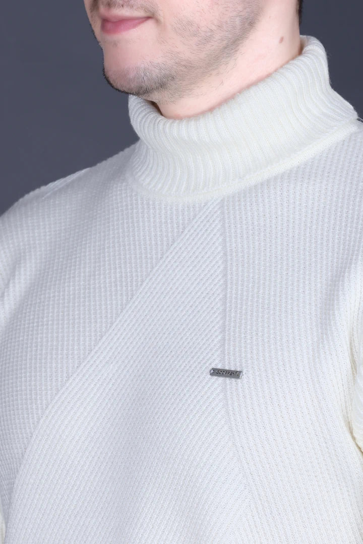 Off White Solid Turtle Neck Woollen Pullover