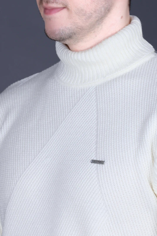 Off White Solid Turtle Neck Woollen Pullover