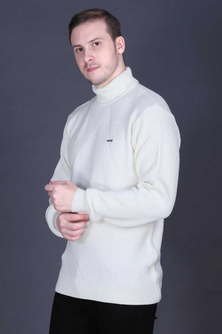 Off White Solid Turtle Neck Woollen Pullover