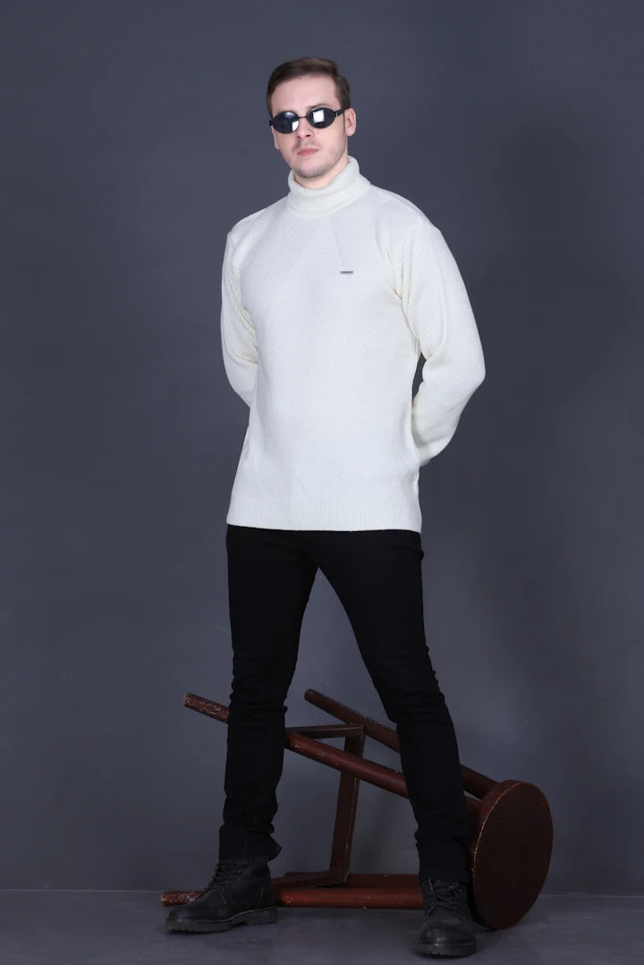Off White Solid Turtle Neck Woollen Pullover