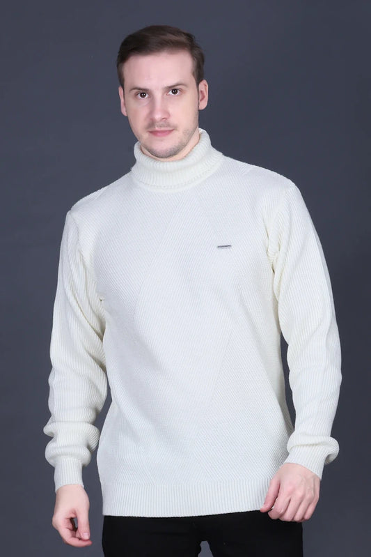 Off White Solid Turtle Neck Woollen Pullover