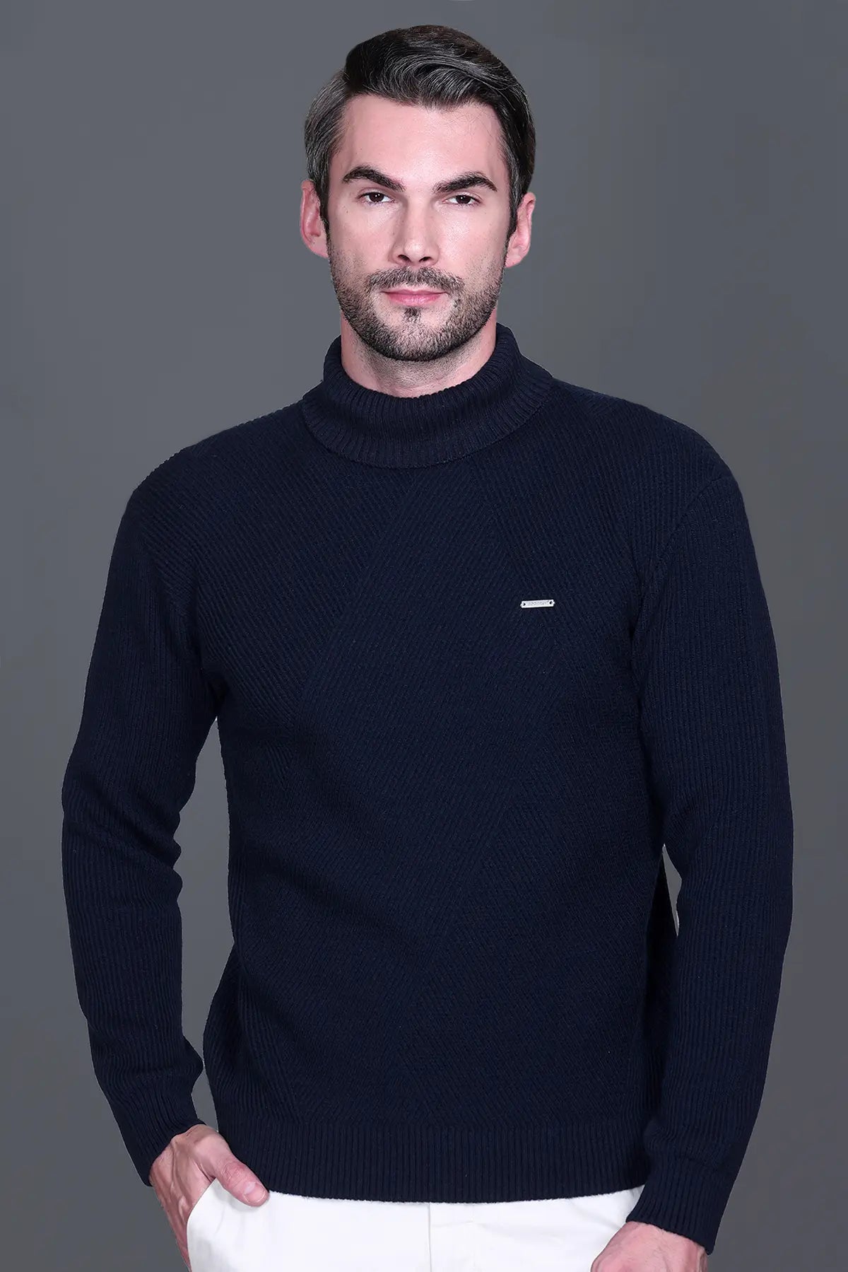 Navy Solid Turtle Neck Woollen Pullover