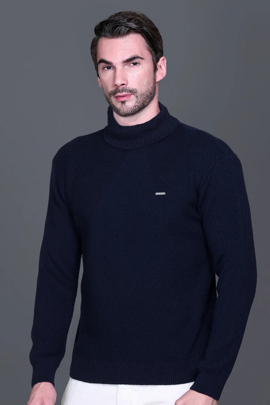 Navy Solid Turtle Neck Woollen Pullover