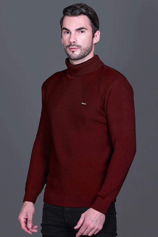 Wine Solid Turtle Neck Woollen Pullover