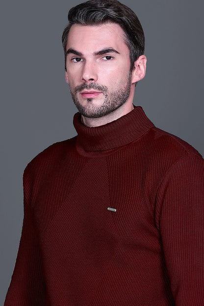 Wine Solid Turtle Neck Woollen Pullover