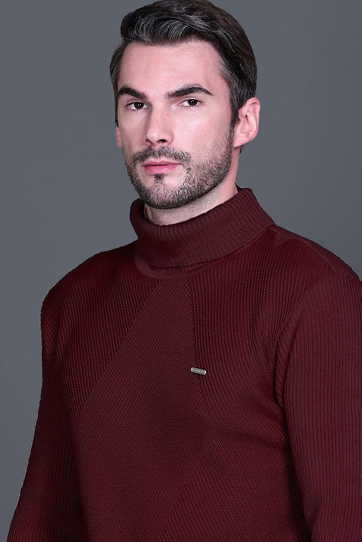 Wine Solid Turtle Neck Woollen Pullover