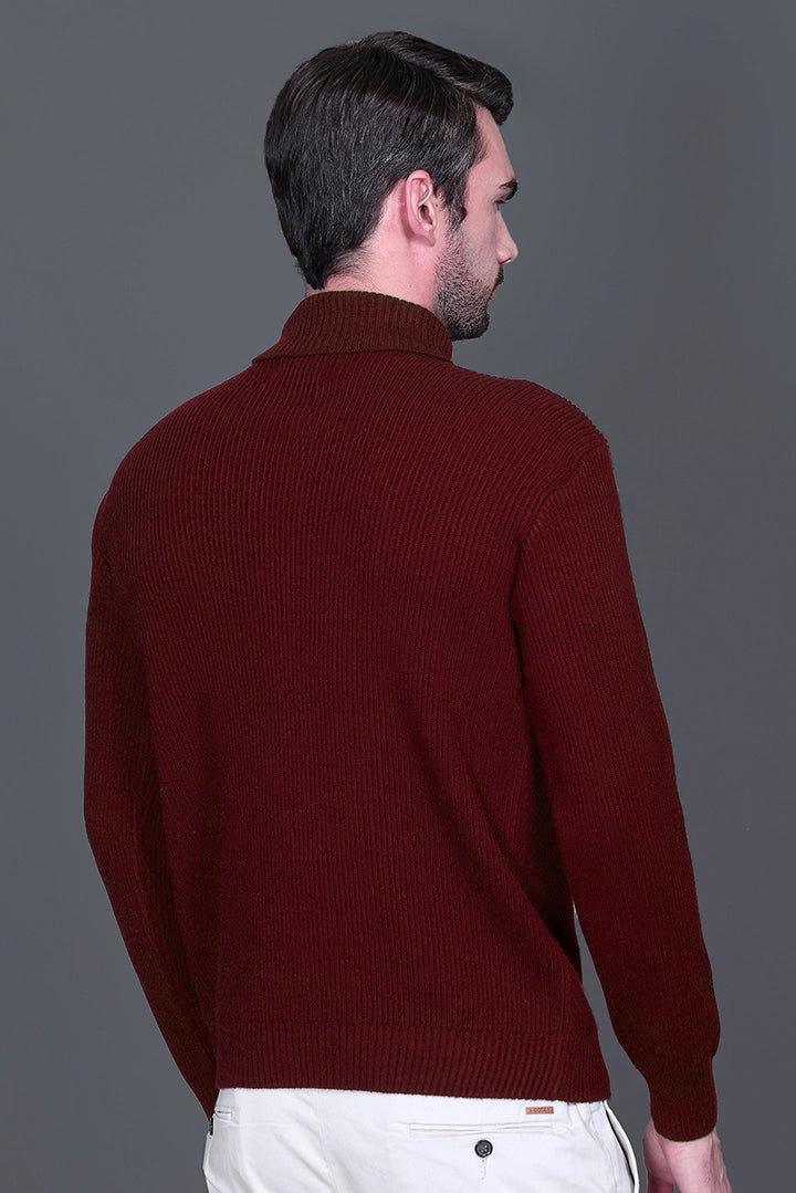 Wine Solid Turtle Neck Woollen Pullover
