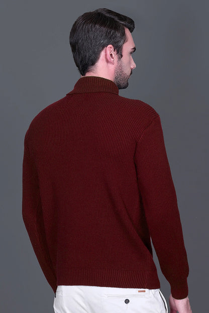 Wine Solid Turtle Neck Woollen Pullover