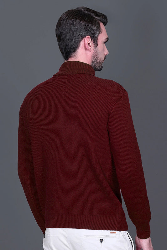 Wine Solid Turtle Neck Woollen Pullover