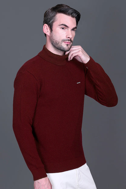 Wine Solid Turtle Neck Woollen Pullover