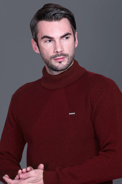 Wine Solid Turtle Neck Woollen Pullover