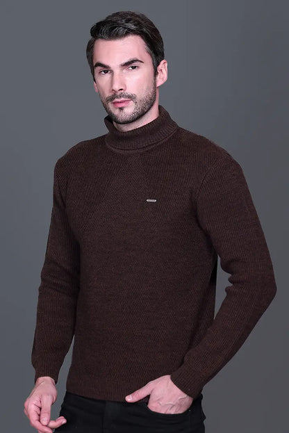 Coffee Solid Turtle Neck Woollen Pullover