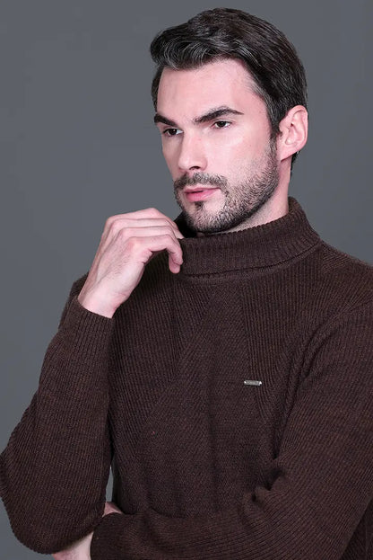 Coffee Solid Turtle Neck Woollen Pullover