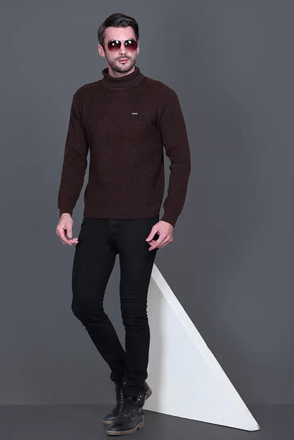 Coffee Solid Turtle Neck Woollen Pullover