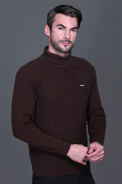 Coffee Solid Turtle Neck Woollen Pullover