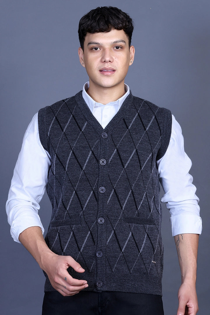 Charcoal Woolen V-Neck Sleeveless Mens Cardigan Sweaters