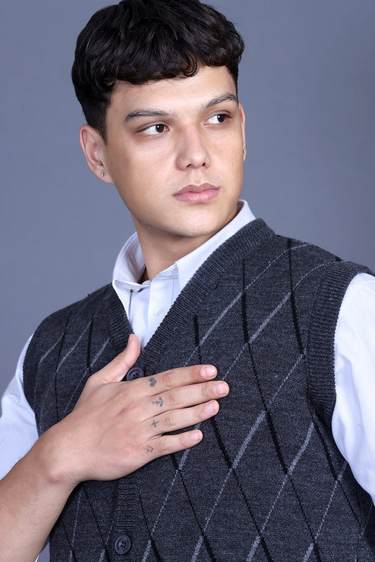 Charcoal Woolen V-Neck Sleeveless Mens Cardigan Sweaters