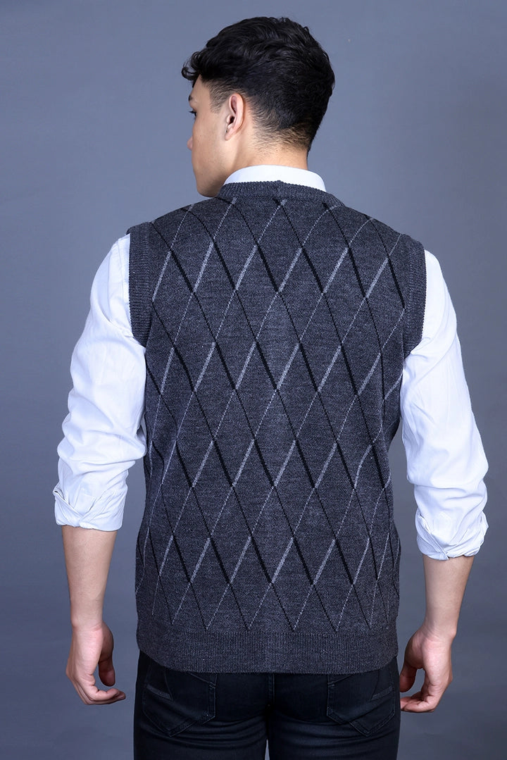 Charcoal Woolen V-Neck Sleeveless Mens Cardigan Sweaters