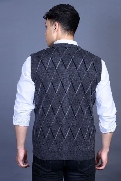 Charcoal Woolen V-Neck Sleeveless Mens Cardigan Sweaters