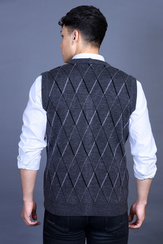 Charcoal Woolen V-Neck Sleeveless Mens Cardigan Sweaters