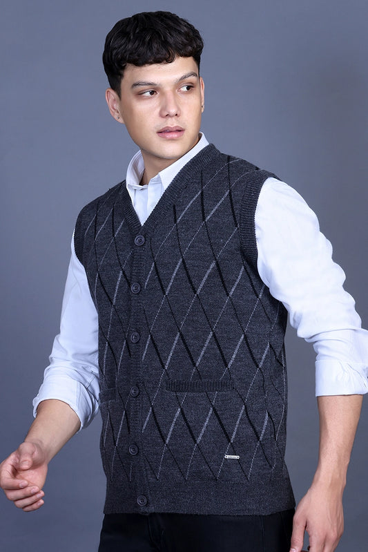 Charcoal Woolen V-Neck Sleeveless Mens Cardigan Sweaters