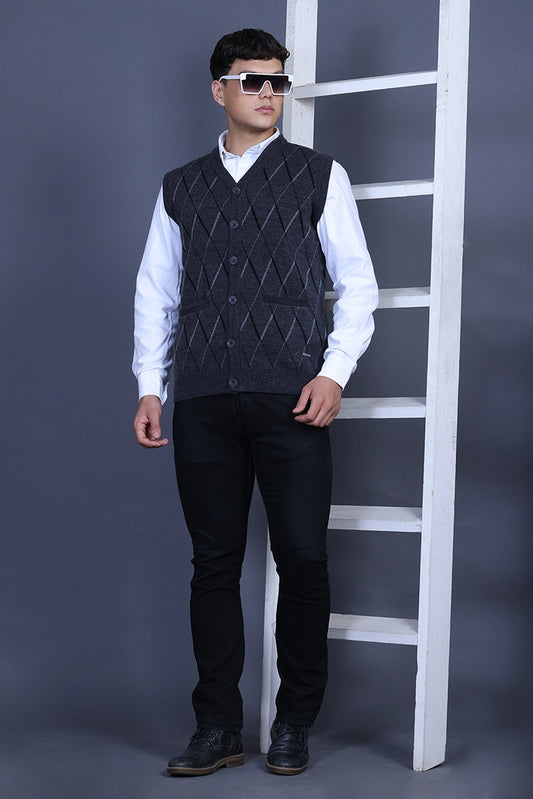 Charcoal Woolen V-Neck Sleeveless Mens Cardigan Sweaters