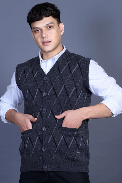 Charcoal Woolen V-Neck Sleeveless Mens Cardigan Sweaters