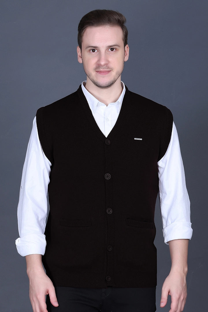 Black Woolen V-Neck Sleeveless Mens Cardigan Sweater