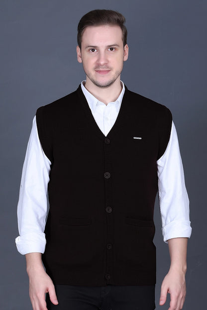 Black Woolen V-Neck Sleeveless Mens Cardigan Sweater