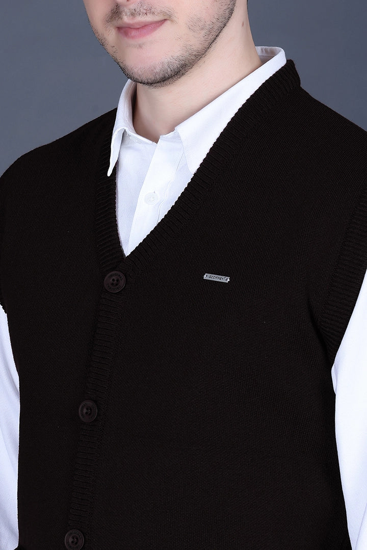 Black Woolen V-Neck Sleeveless Mens Cardigan Sweater