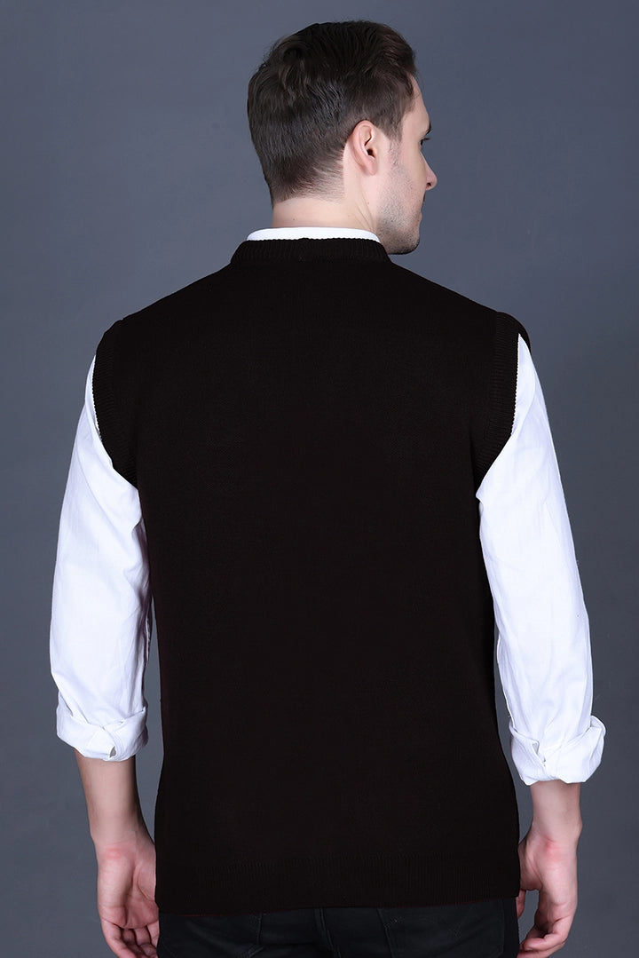 Black Woolen V-Neck Sleeveless Mens Cardigan Sweater