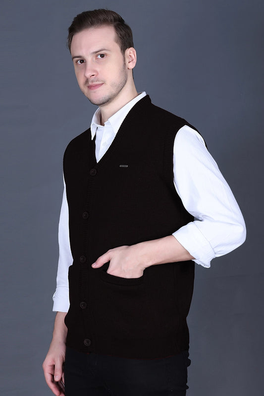 Black Woolen V-Neck Sleeveless Mens Cardigan Sweater
