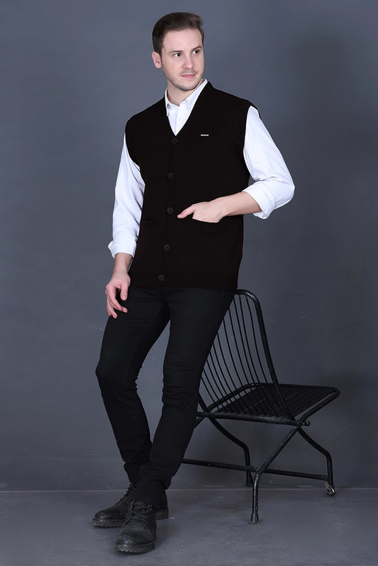 Black Woolen V-Neck Sleeveless Mens Cardigan Sweater