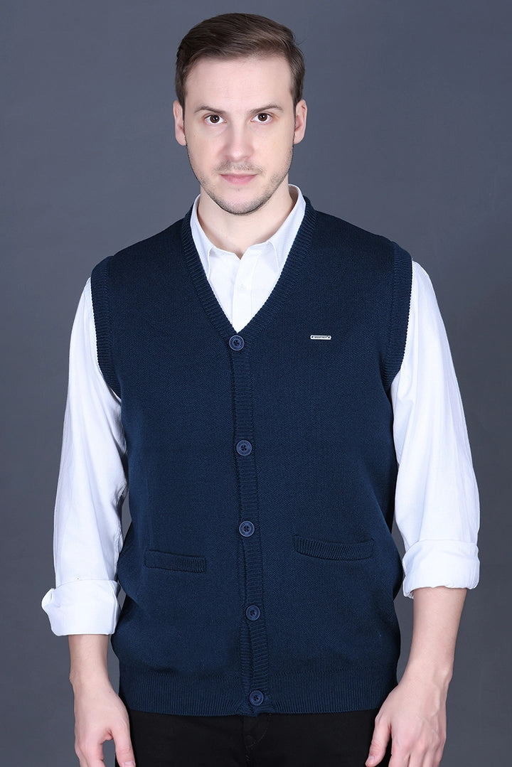 Teal Woolen V-Neck Sleeveless Mens Cardigan Sweater