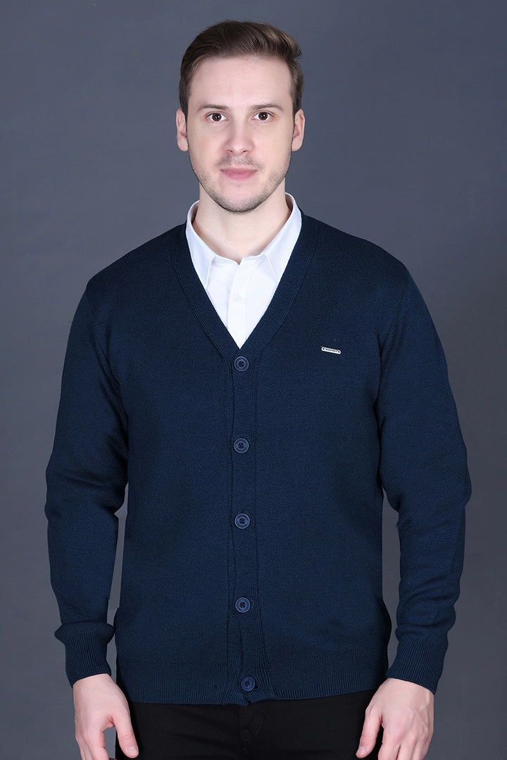 Teal Woolen V-Neck Full Sleeve Mens Cardigan Sweater