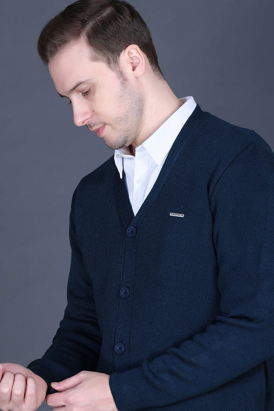 Teal Woolen V-Neck Full Sleeve Mens Cardigan Sweater