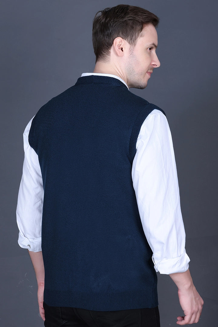 Teal Woolen V-Neck Sleeveless Mens Cardigan Sweater