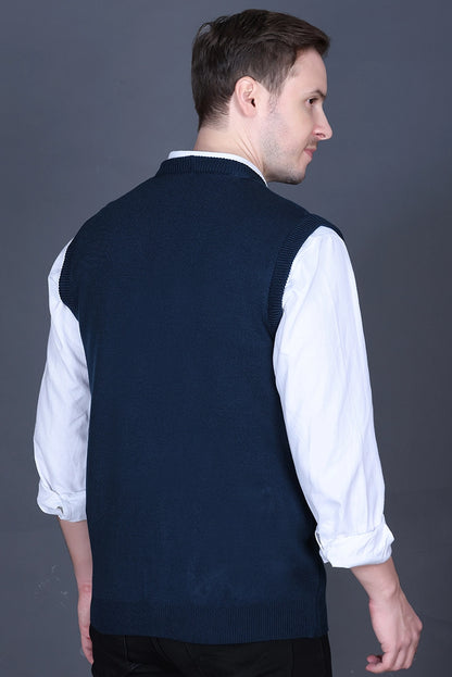 Teal Woolen V-Neck Sleeveless Mens Cardigan Sweater
