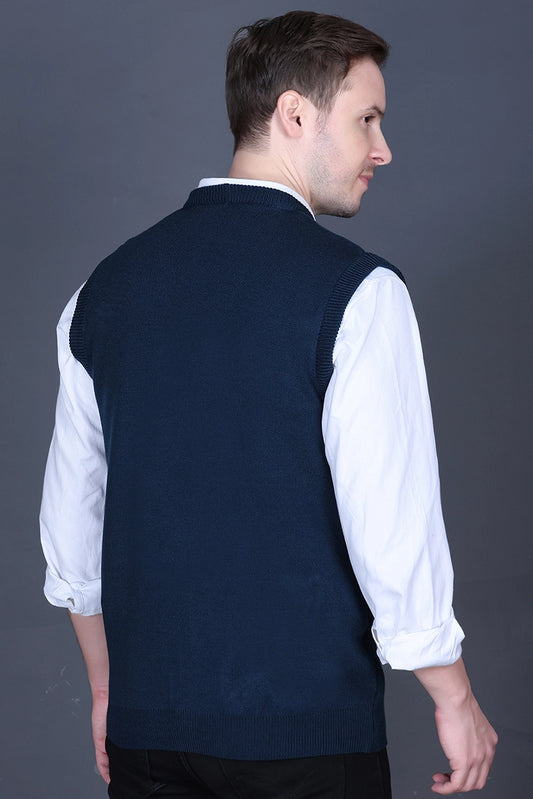 Teal Woolen V-Neck Sleeveless Mens Cardigan Sweater
