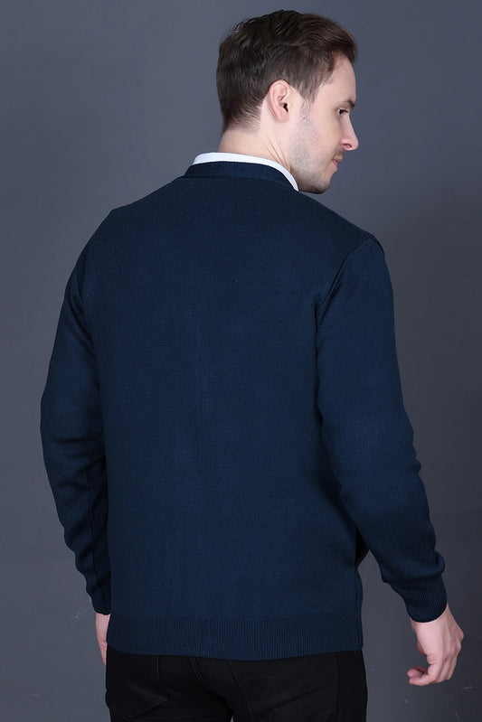 Teal Woolen V-Neck Full Sleeve Mens Cardigan Sweater