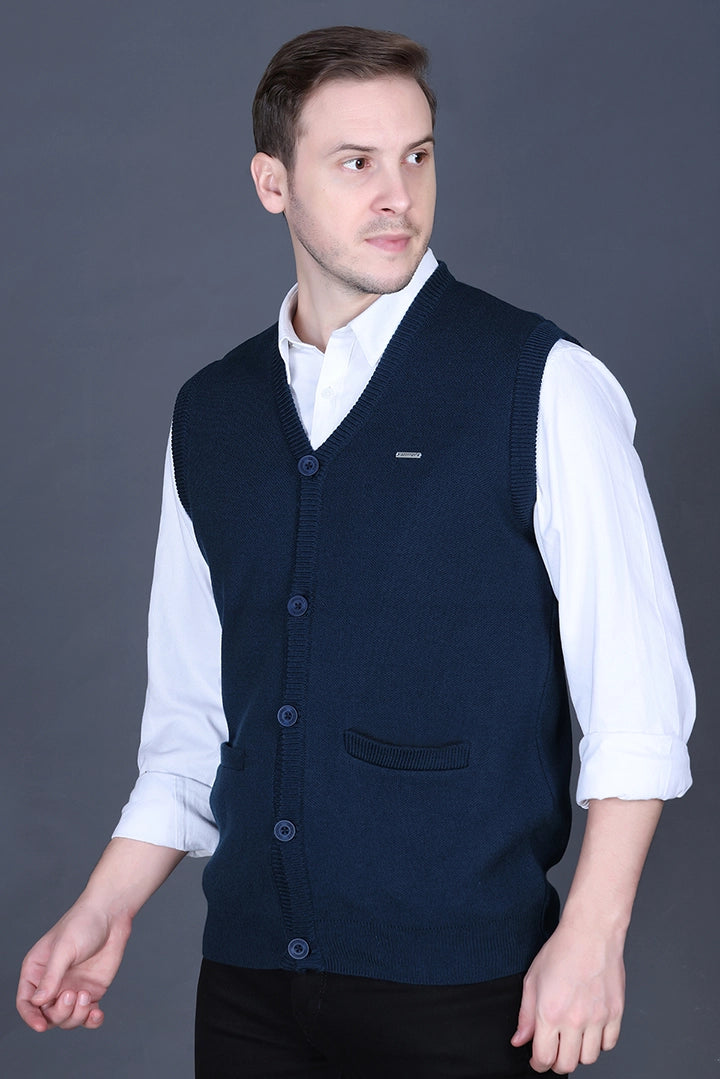 Teal Woolen V-Neck Sleeveless Mens Cardigan Sweater