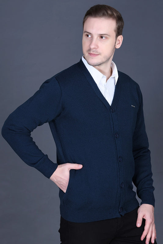 Teal Woolen V-Neck Full Sleeve Mens Cardigan Sweater