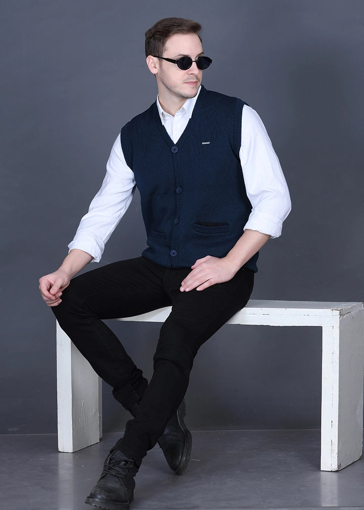 Teal Woolen V-Neck Sleeveless Mens Cardigan Sweater