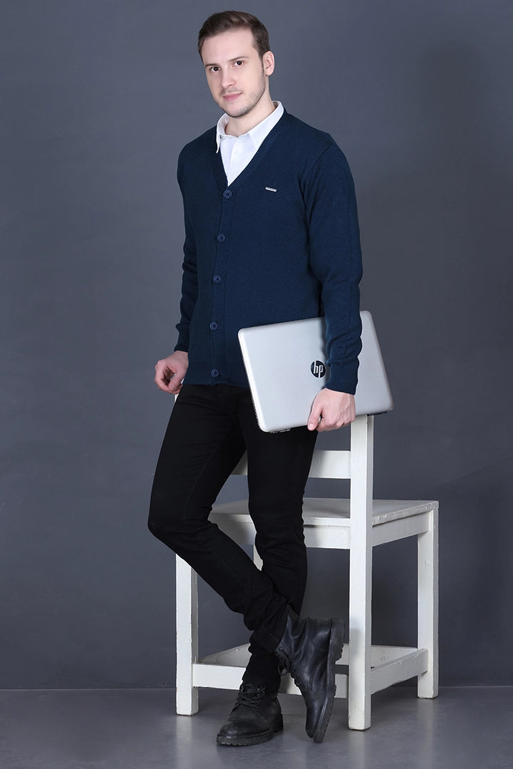 Teal Woolen V-Neck Full Sleeve Mens Cardigan Sweater
