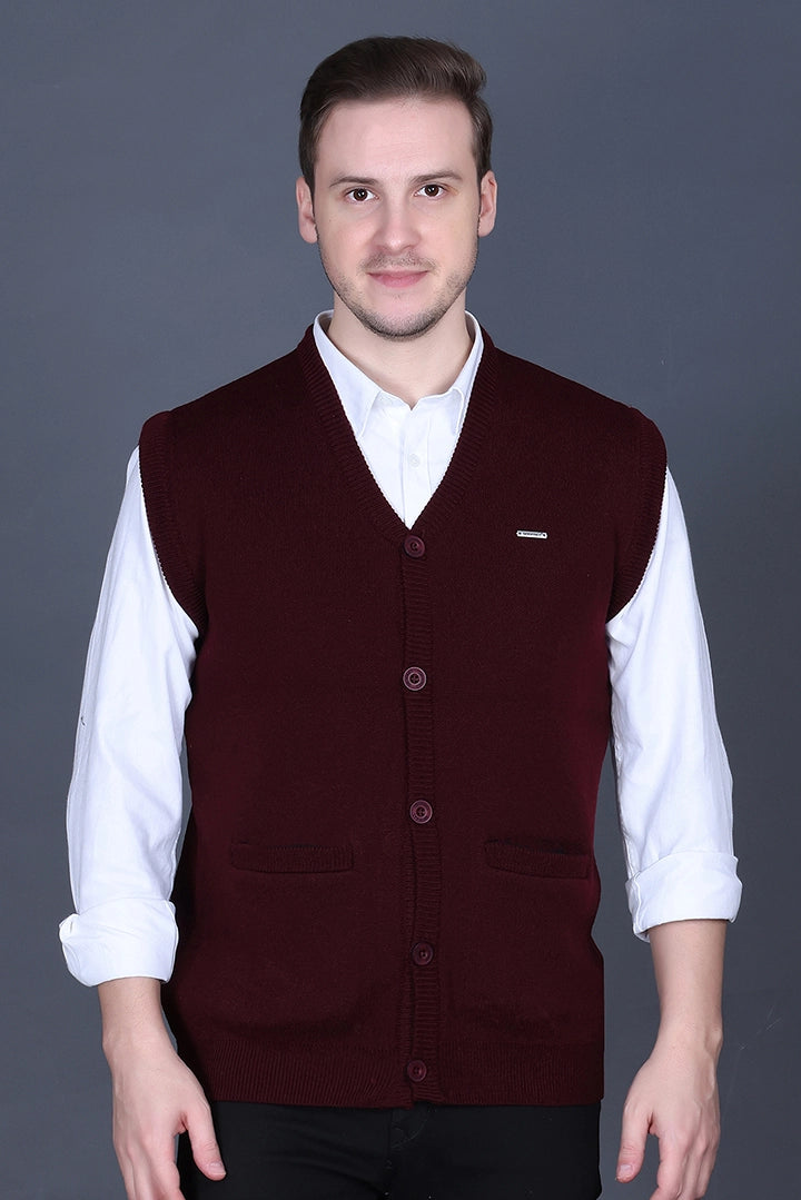 Wine Woolen V-Neck Sleeveless Mens Cardigan Sweater