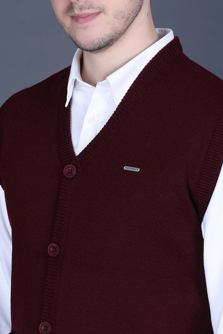 Wine Woolen V-Neck Sleeveless Mens Cardigan Sweater