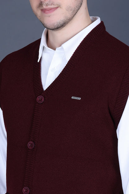 Wine Woolen V-Neck Sleeveless Mens Cardigan Sweater