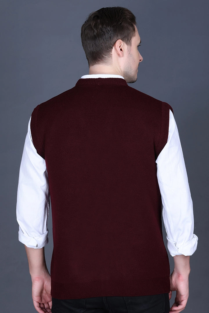 Wine Woolen V-Neck Sleeveless Mens Cardigan Sweater