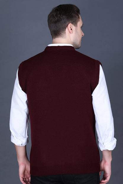 Wine Woolen V-Neck Sleeveless Mens Cardigan Sweater