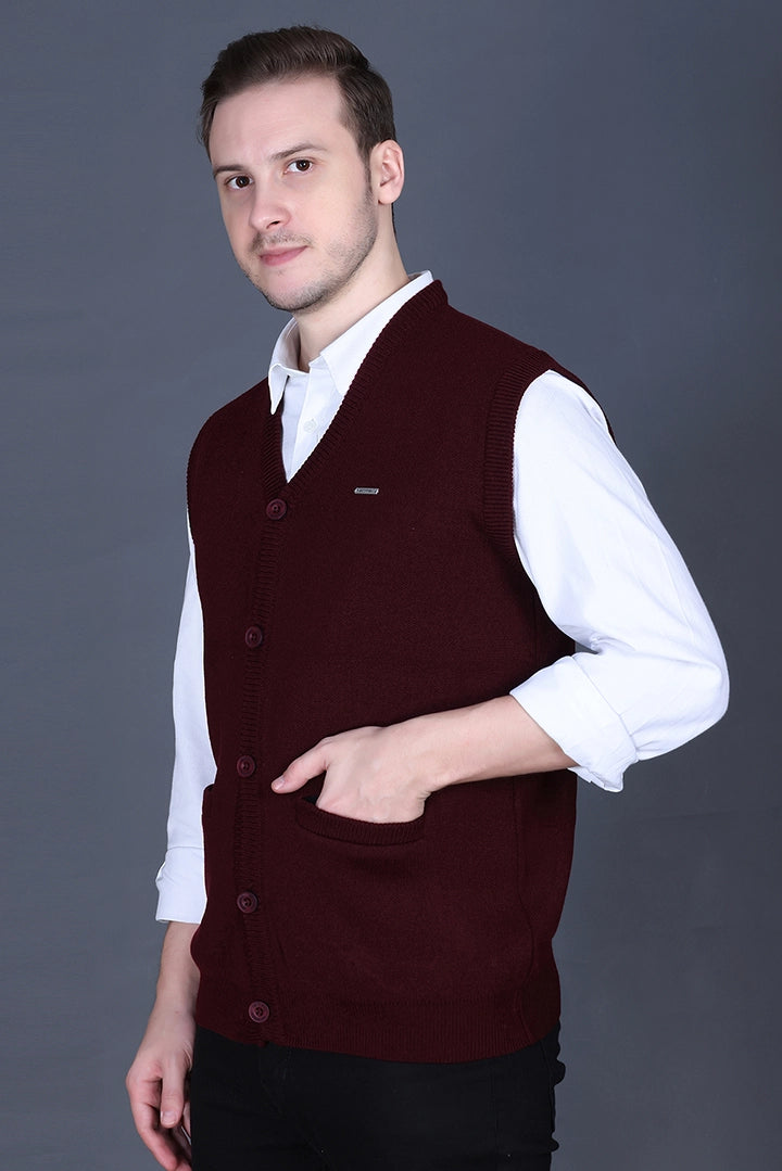 Wine Woolen V-Neck Sleeveless Mens Cardigan Sweater
